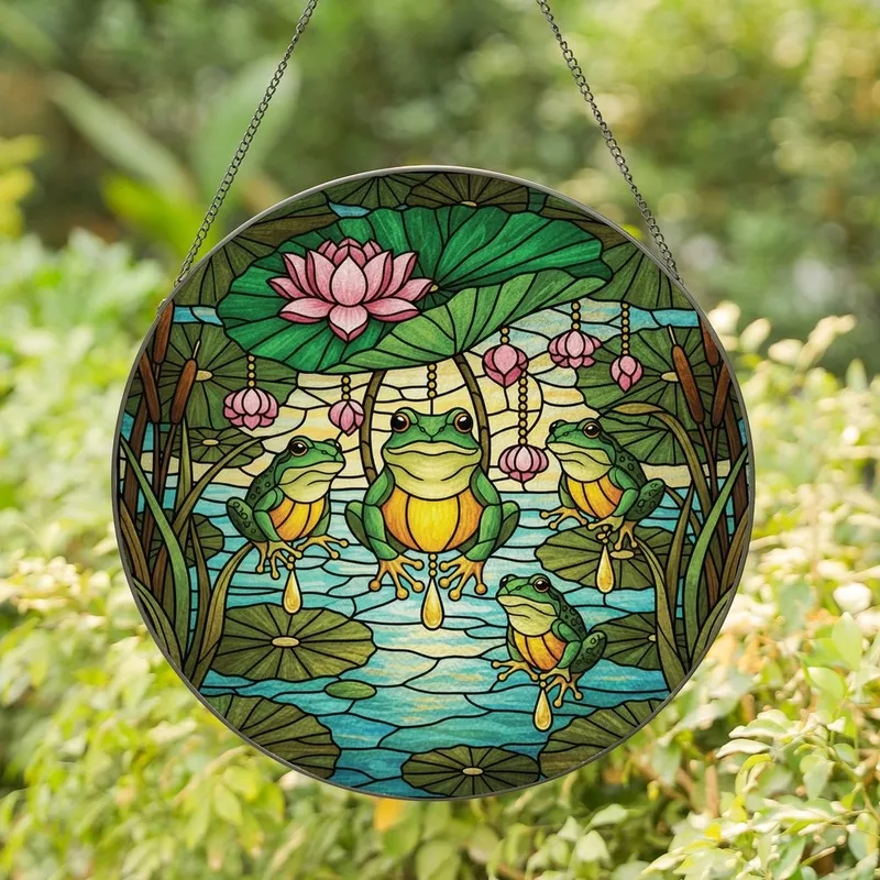 Nature Lovers' Emerald Green Frog Stained Glass Jewel Tone Pond Lily Pad Lotus Mosaic Stained Glass Suncatcher - 1