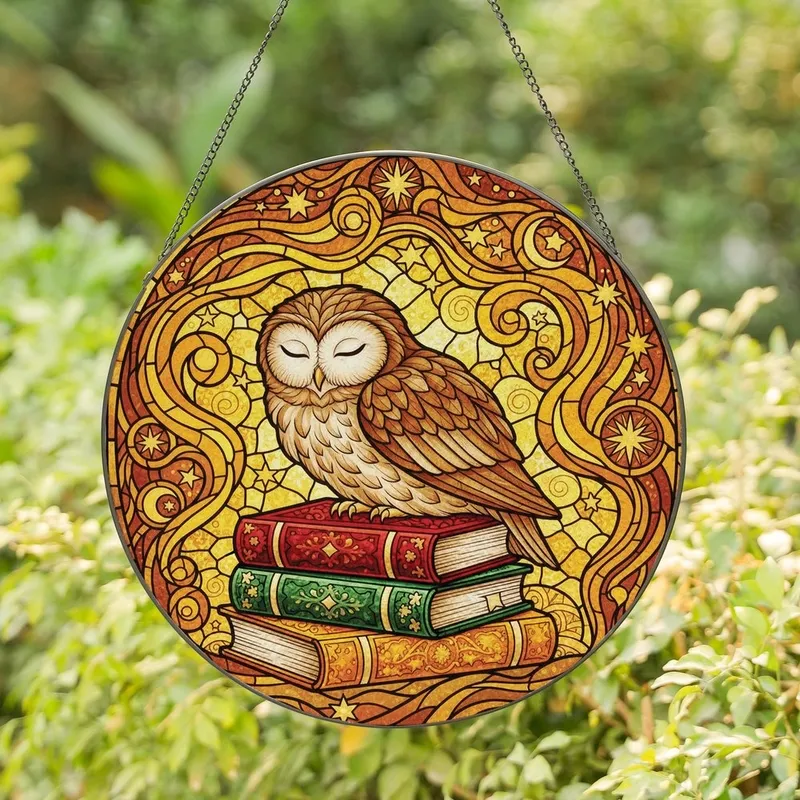 Art & Book Lovers' Intricate Stained Glass Sleeping Owl Stacked Books Emerald Red Gold Jewel Tones Stained Glass Suncatcher - 1l6n7SQod-