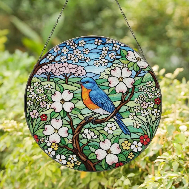 Nature Lovers' Vibrant Bluebird Dogwood Floral Tiffany Stained Glass Spring Mosaic Stained Glass Suncatcher - 1