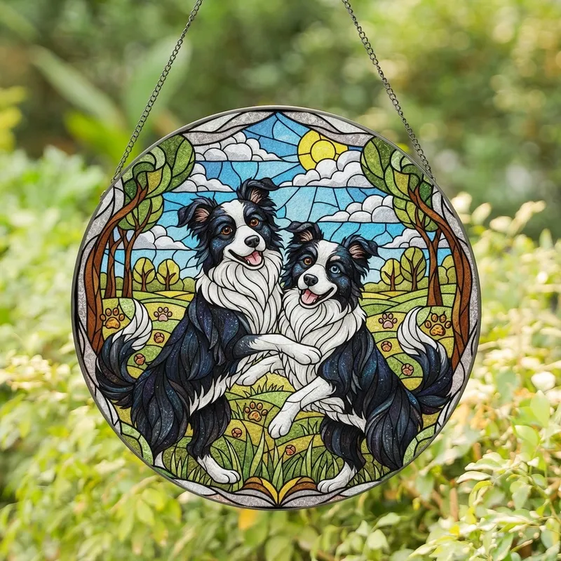 Border Collie Enthusiasts' Intricate Tiffany Stained Glass Playful Embrace Meadow Mosaic Jewel Tones Art Stained Glass Suncatcher - 1