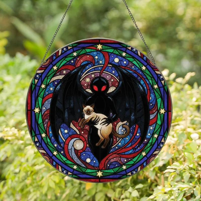 Gothic Art Lovers' Tiffany-Style Mothman & Siamese Cat Celestial Stained Glass Jewel Tones Stained Glass Suncatcher - DWqRRMd_m7