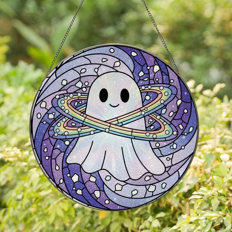 Art Lovers' Friendly Ghost Tiffany Stained Glass Galaxy Nebula Mosaic Art, Pearlescent Jewel Tones Stained Glass Suncatcher - 1