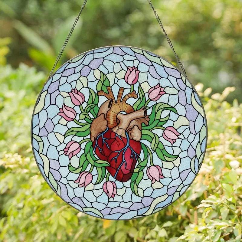 Art & Nature Lovers' Stained Glass Anatomical Heart Foliage Tulip Buds Jewel Tone Intricate Mosaic Stained Glass Suncatcher - fso09HAZTm