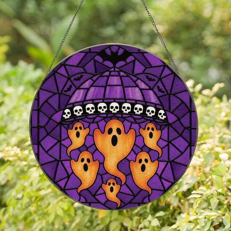 Dark Fantasy Fans' Vibrant Stained Glass Purple Orange Ghost Skull Bat Intricate Geometric Mosaic Stained Glass Suncatcher - 1