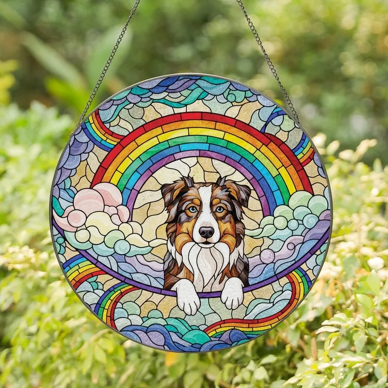 Australian Shepherd Lovers' Vibrant Tiffany Stained Glass Tricolor Dog Rainbow Celestial Mosaic Stained Glass Suncatcher - bguouGrVZ9