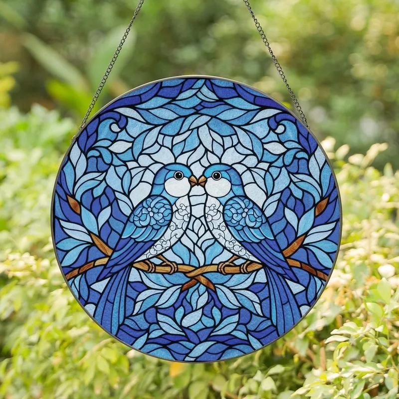 Romantics' Intricate Stained Glass Cobalt Blue Lovebirds Floral Amber Mosaic Design Stained Glass Suncatcher - 1