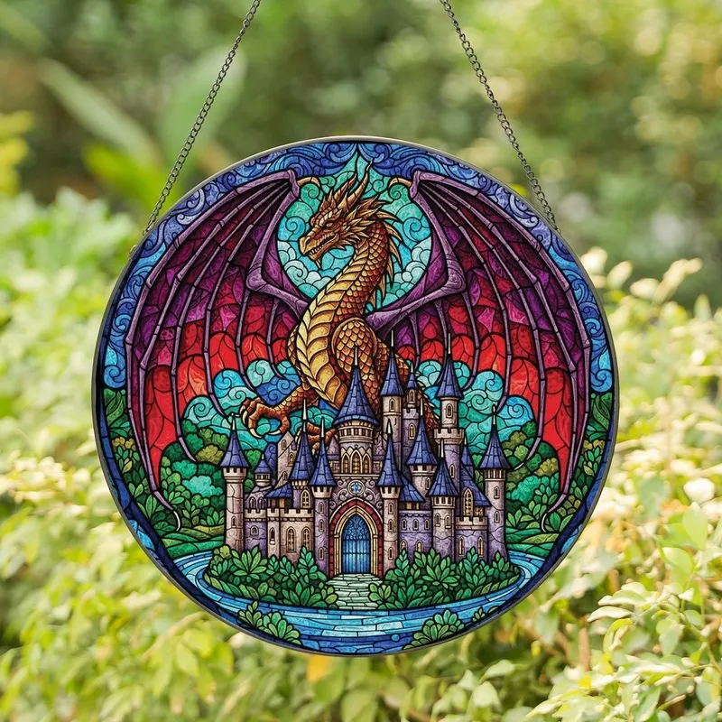 Fantasy Lovers' Majestic Dragon Castle Stained Glass Ruby Sapphire Emerald Gold Mosaic Stained Glass Suncatcher - 1