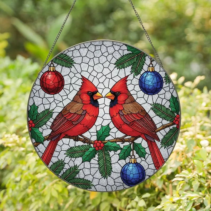 Winter Nature & Art Enthusiasts' Tiffany Stained Glass Cardinals Holly Berries Evergreen Jewel Tones Mosaic Stained Glass Suncatcher - NWRtK913S0