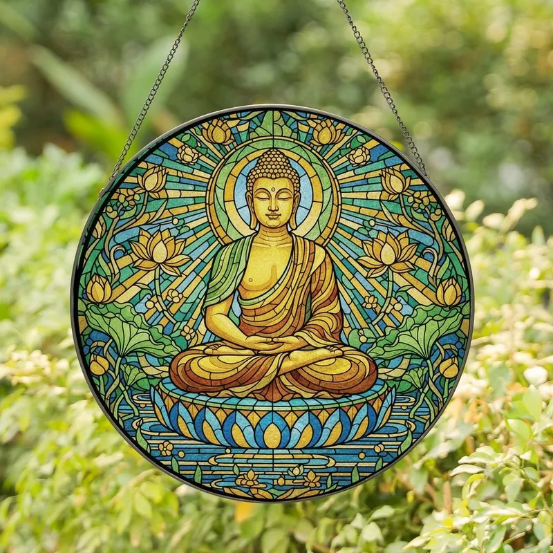 Mindful Art Lovers' Serene Buddha Stained Glass Golden Amber Emerald Blue Lotus Mosaic Stained Glass Suncatcher - 1