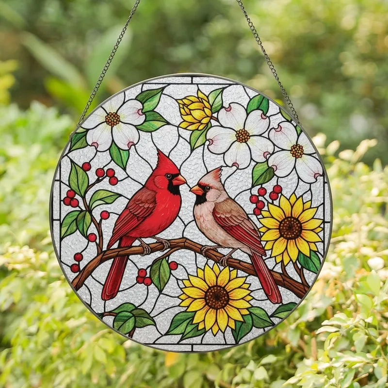 Bird Watchers' Intricate Tiffany Stained Glass Cardinal Pair Red Pink Yellow Floral Mosaic Art Stained Glass Suncatcher - 1