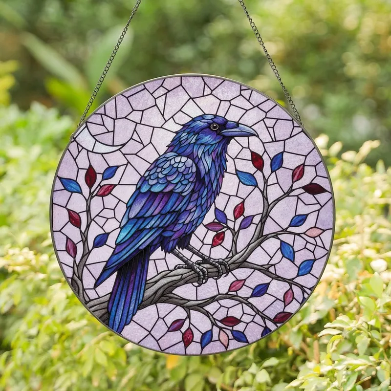 Fantasy Art Fans' Iridescent Raven Tiffany Stained Glass with Deep Purple Blue Leaves and Lavender Pink Gray Mosaic Background Stained Glass Suncatcher - 1