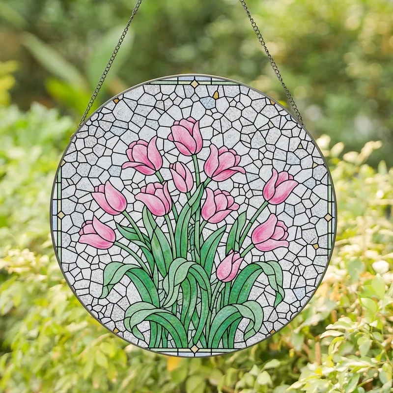 Nature Lovers' Vibrant Tiffany Style Stained Glass Pink Tulip Mosaic with Colorful Geometric Border Stained Glass Suncatcher - 1