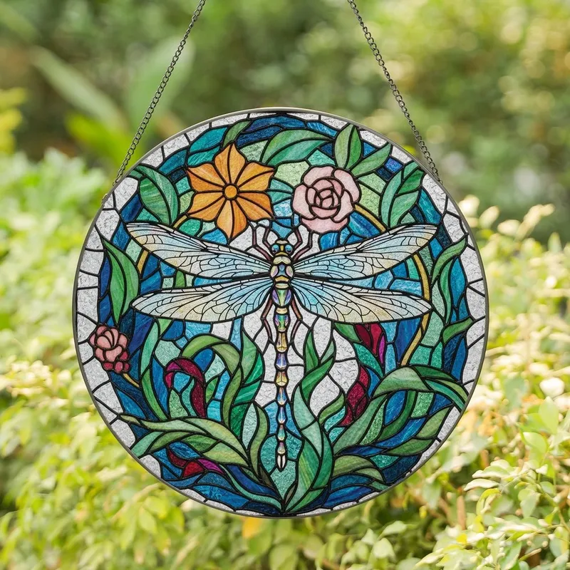 Nature Lovers' Iridescent Dragonfly Tiffany Stained Glass Floral Jewel Tone Mosaic Art Stained Glass Suncatcher - 1