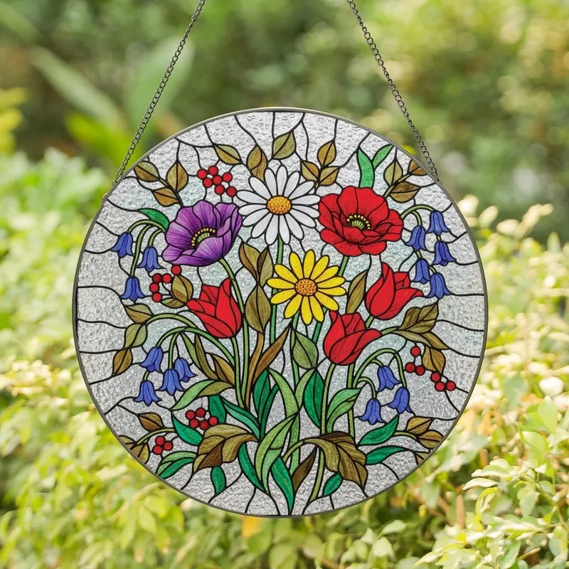 Art Lovers' Edge-to-Edge Stained Glass Red Purple Yellow Blue Jewel Tone Floral Mosaic Stained Glass Suncatcher - U5G8QO5GHA