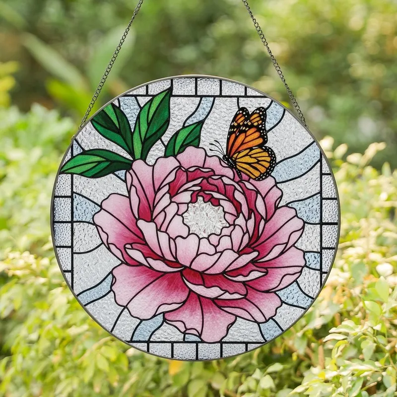 Art Lovers' Intricate Glowing Tiffany Stained Glass Peony Monarch Butterfly Pink Orange Green Mosaic Stained Glass Suncatcher - 1