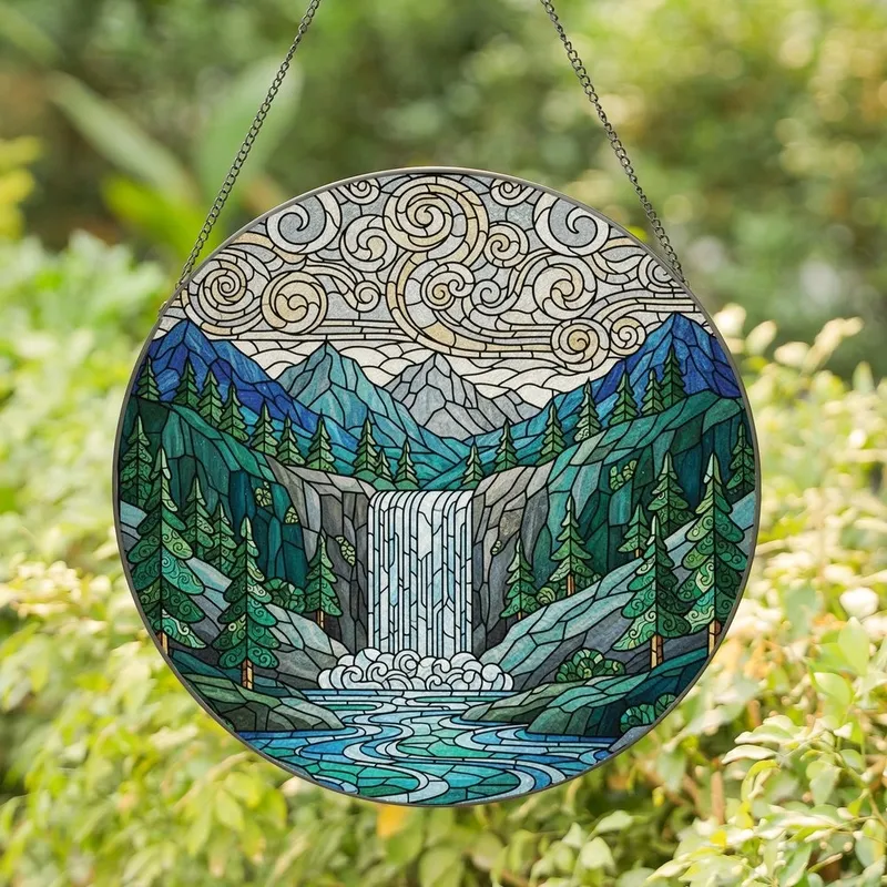 Nature & Art Lovers' Tiffany Stained Glass Waterfall Mountainscape Teal Emerald Gold Stained Glass Suncatcher - 1
