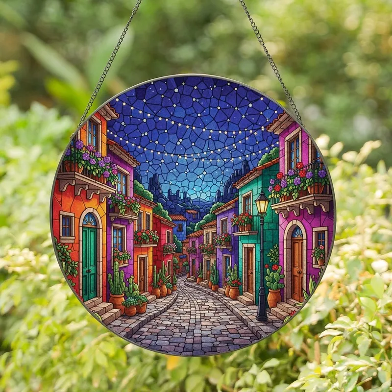 Travelers' Intricate Stained Glass Cobblestone Town Jewel Tones Indigo Starry Night Stained Glass Suncatcher - 1