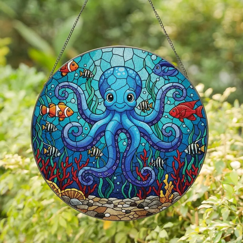 Ocean Lovers' Vibrant Tiffany Stained Glass Blue Octopus Deep Sea Coral Mosaic Art Stained Glass Suncatcher - 1