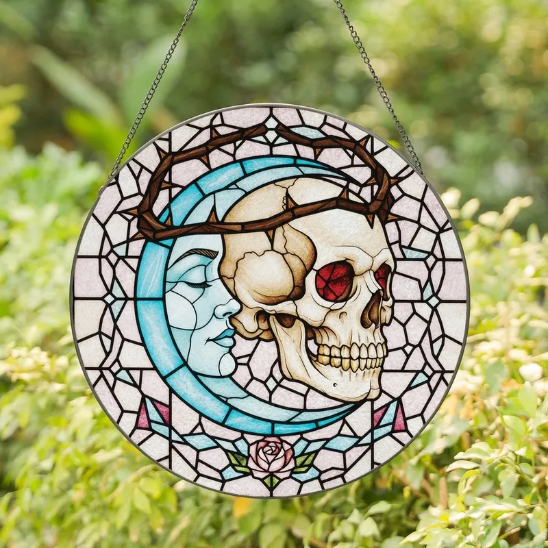 Artful Soul Enthusiasts' Intricate Tiffany Glass Skull Moon Rose Thorn Pink Red Gold Cyan Mosaic Stained Glass Suncatcher - 1