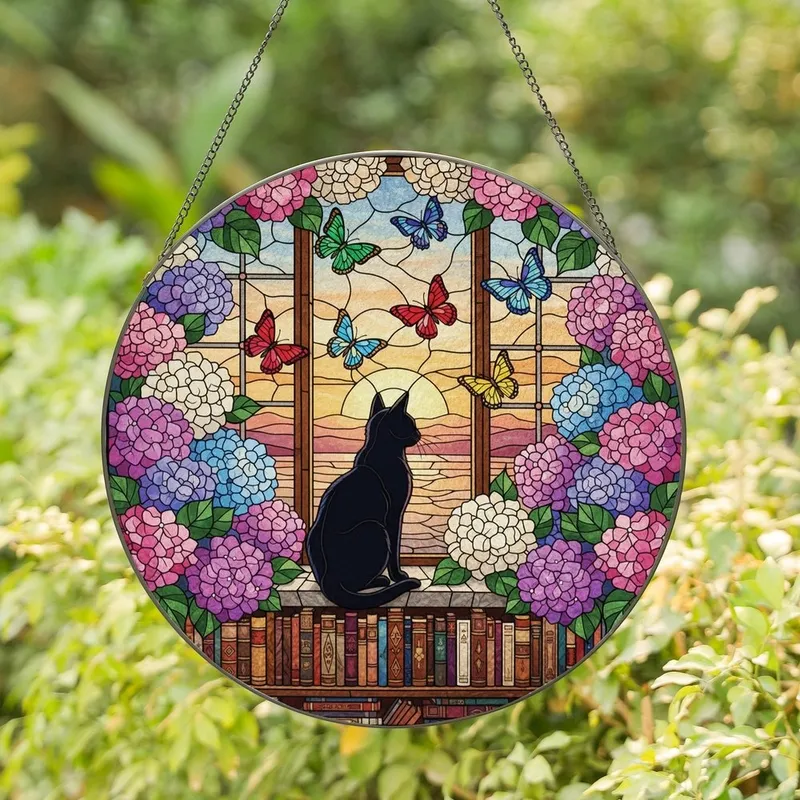Stained Glass Art Lovers' Jewel Tone Black Cat Silhouette Pink Hydrangea Sunset Window Mosaic Stained Glass Suncatcher - 1