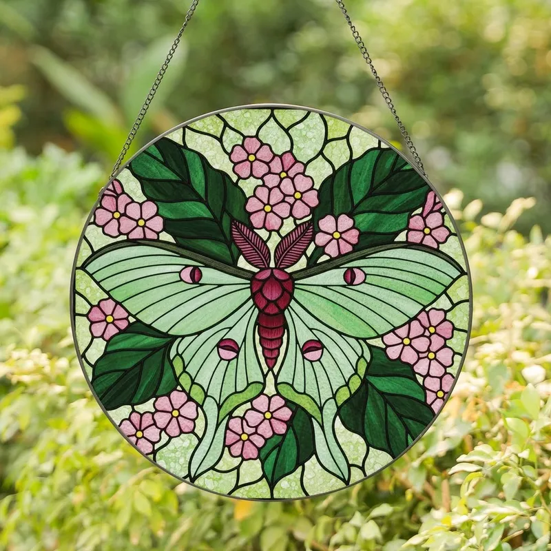 Art Enthusiasts' Tiffany Style Jewel Tone Luna Moth Floral Stained Glass Mosaic Stained Glass Suncatcher - 21ZiDUd0Fs