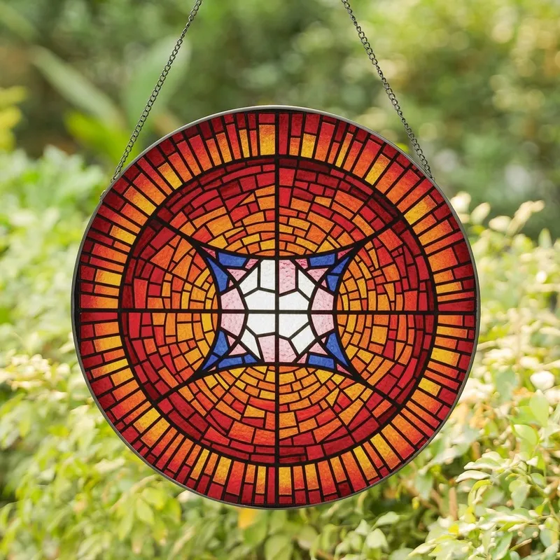 Basketball Fans' Stained Glass Art Basketball Mosaic Jewel Tones Amber Red Orange Geometric Stained Glass Suncatcher - 1