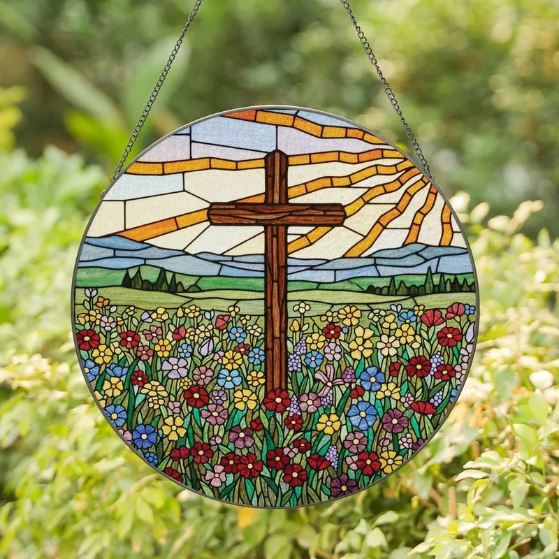 Faith-Inspired Art Lovers' Tiffany Style Jewel-Tone Stained Glass Cross Wildflower Mountainscape Stained Glass Suncatcher - 1