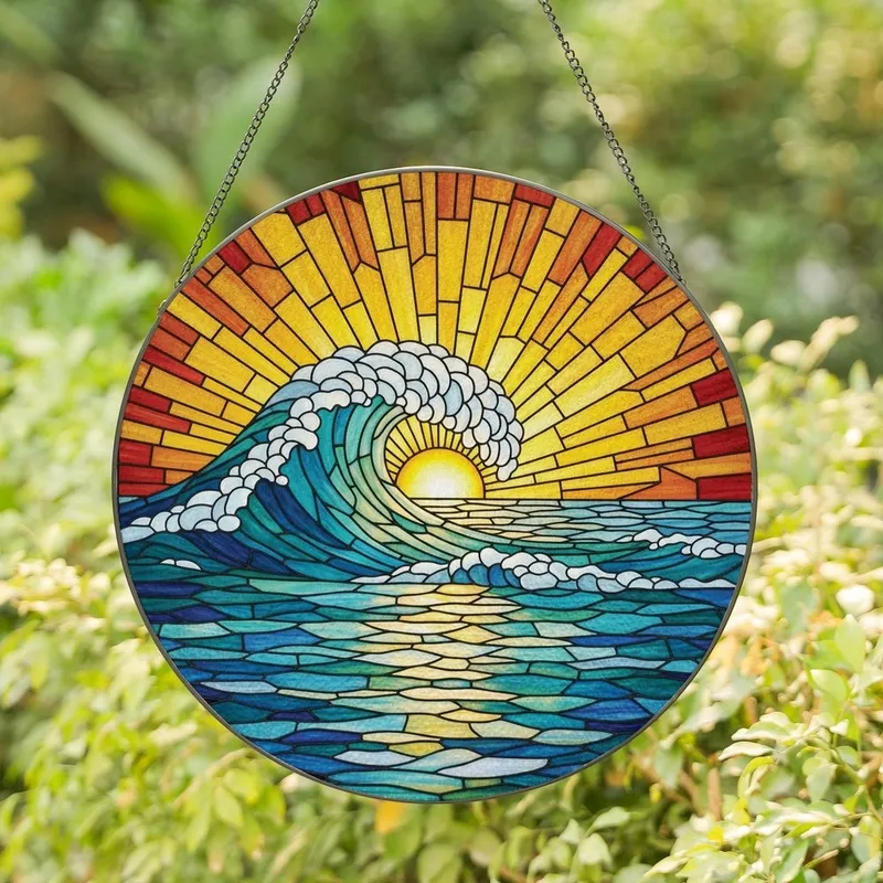 Ocean Lovers' Intricate Stained Glass Ocean Wave Golden Hour Mosaic with Jewel Tones & Bold Lead Lines Stained Glass Suncatcher - CZsWs1XoED