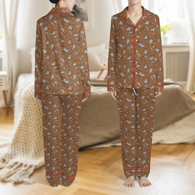 Platypus Lover's Whimsical Cartoon Brown Platypus Pattern All-Over Print Satin Pajamas Set - 1
