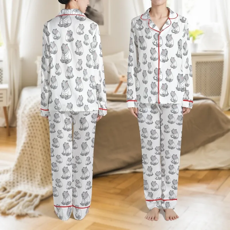 Women's Kawaii Capybara Sleep Set: Greyscale Blush Pink Imitation Silk Pajama Set Satin Pajamas Set - 1