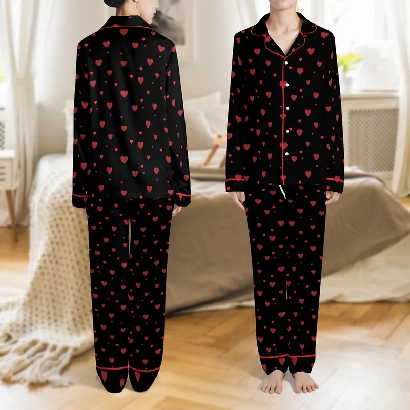 Women's Solid Black Minimalist Muted & Cherry Red Scattered Hearts Long Sleeve Cotton-Blend Sleep Set Satin Pajamas Set - 1