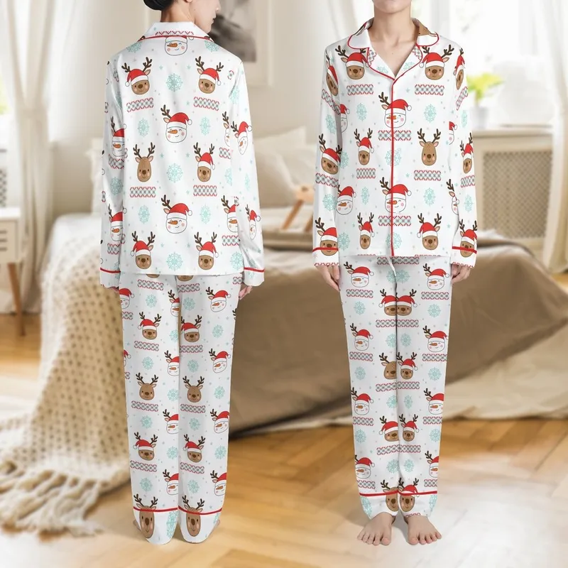 Cozy Christmas Pajamas: Cute Reindeer Snowman & Fair Isle Pattern Sleepwear Satin Pajamas Set - 1