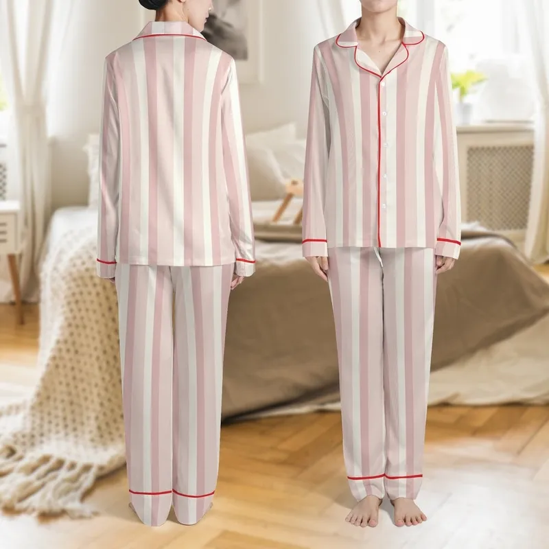Women's Off-White Cream & Pastel Pink Rose Vertical Stripe Mulberry Silk Sleep Set Satin Pajamas Set - 1