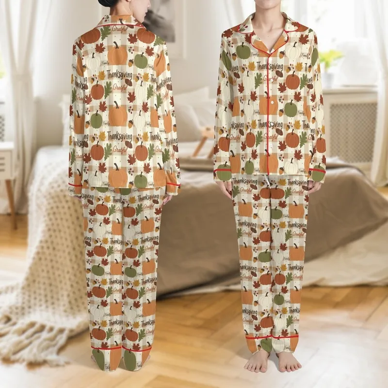 Family Personalized Thanksgiving 2025 Pajamas: Plus Size Pumpkin Plaid Sleepwear Satin Pajamas Set - 1