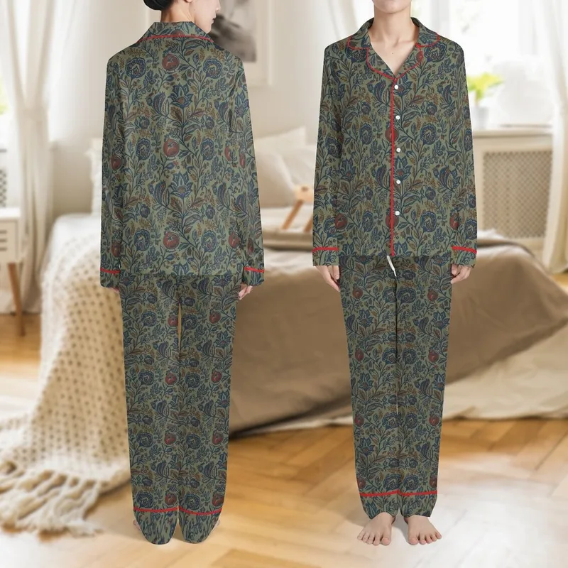 Women's Olive Green Indigo Botanical Pure Cotton Pajamas Set: Floral Block Print Loungewear Satin Pajamas Set - 1