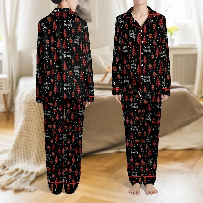 Personalized Family Christmas Sleepwear: 'We Are Family' Buffalo Plaid Print Set for All Ages & Pets Satin Pajamas Set - 1