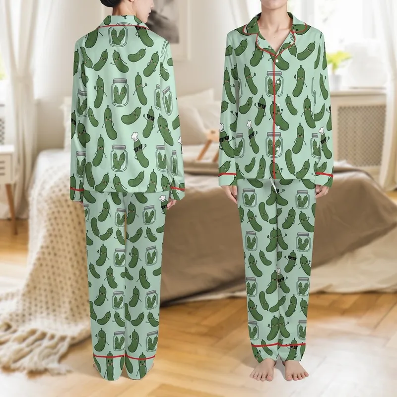 Pickle Lover's Whimsy: Hand-Drawn Smiling Chef Pickles & Jars Seamless Design Satin Pajamas Set - 1