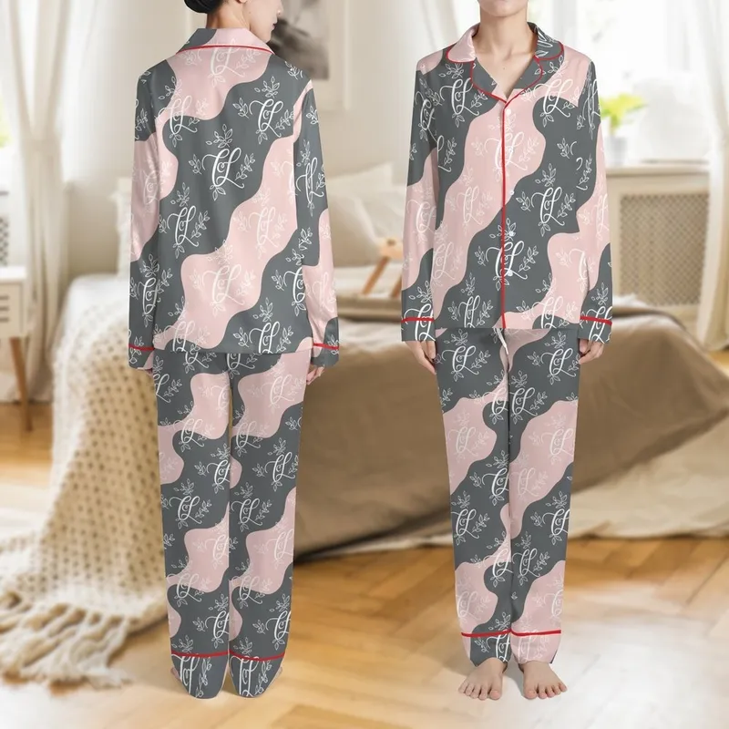 Satin Sleep Set: Intertwined Monogram & Botanical Pattern - Blush & Charcoal Kid Satin Pajamas Set - 1