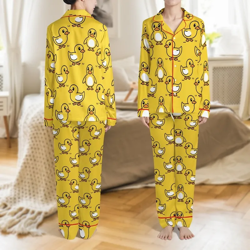Playful Yellow Duck Pattern: Seamless Swimming Cartoon Ducks Flat Art Print Satin Short-Sleeve Pajamas Set - 1