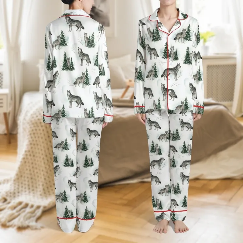 Winter Wolf Pack: Hand-Painted Watercolor Snowy Forest Seamless Art Satin Pajamas Set - 1