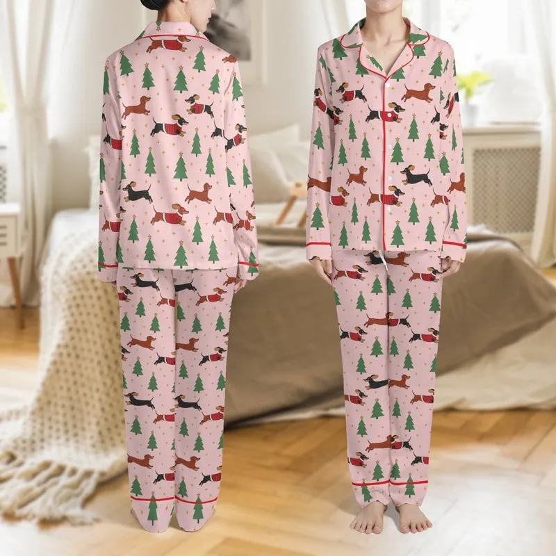 Family Dachshund Christmas Pajamas: Playful Dog & Star Pastel Pink Print - Soft Knit Sleep Set Satin Pajamas Set - 1
