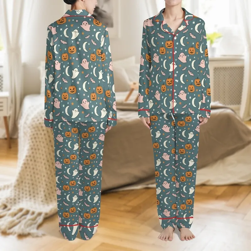 Custom Face Family Halloween Pajamas: Teal Ghost & Bat Pattern Sleep Set Satin Pajamas Set - 1