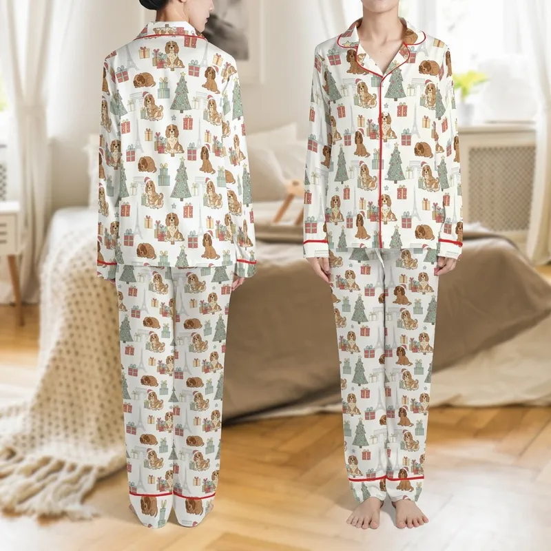 Women's Whimsical Parisian Puppy Christmas Pajamas: Cavalier King Charles Spaniel & Eiffel Tower Sleep Set Satin Pajamas Set - 1
