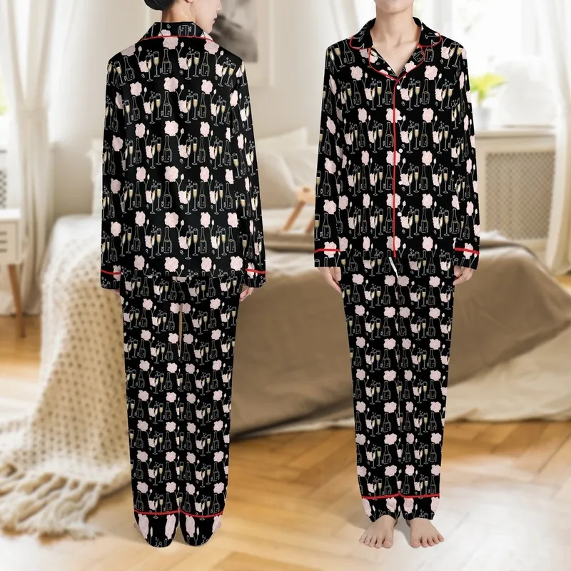 Bridesmaid Custom Champagne Flute Rose Graphic Satin Long Sleeve Pajamas Satin Pajamas Set - 1