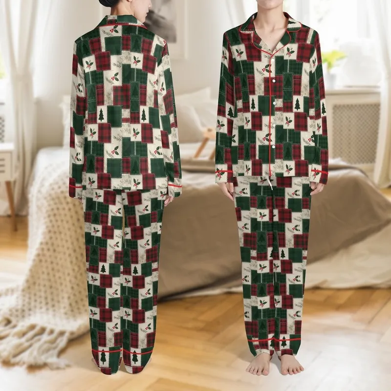 Family Retro Christmas Loungewear: Quilted Tartan Plaid Patchwork, Holly Tree & Snowflake Design Satin Pajamas Set - 1