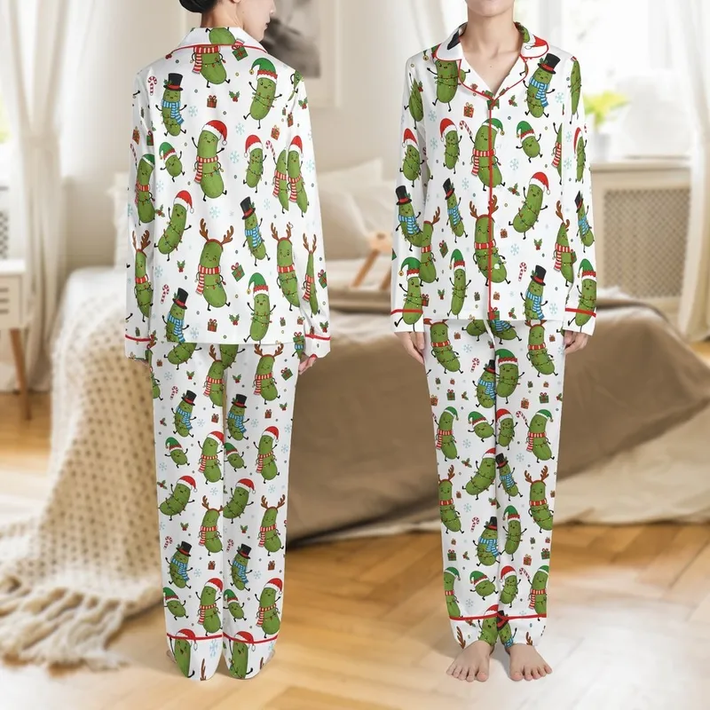 Whimsical Christmas Pickle Party: Festive Characters with Santa Hats, Antlers, & String Lights Print Satin Pajamas Set - 1