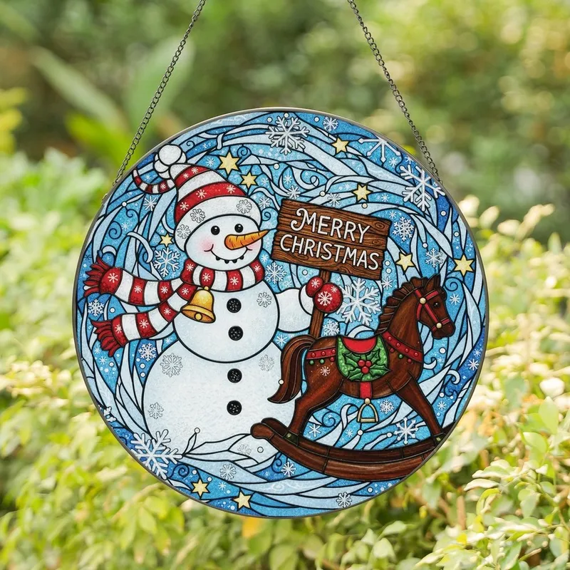 Christmas Lovers' Tiffany Style Stained Glass Snowman & Rocking Horse Festive Jewel Tone Mosaic Art Stained Glass Suncatcher - hP9wbYImVN