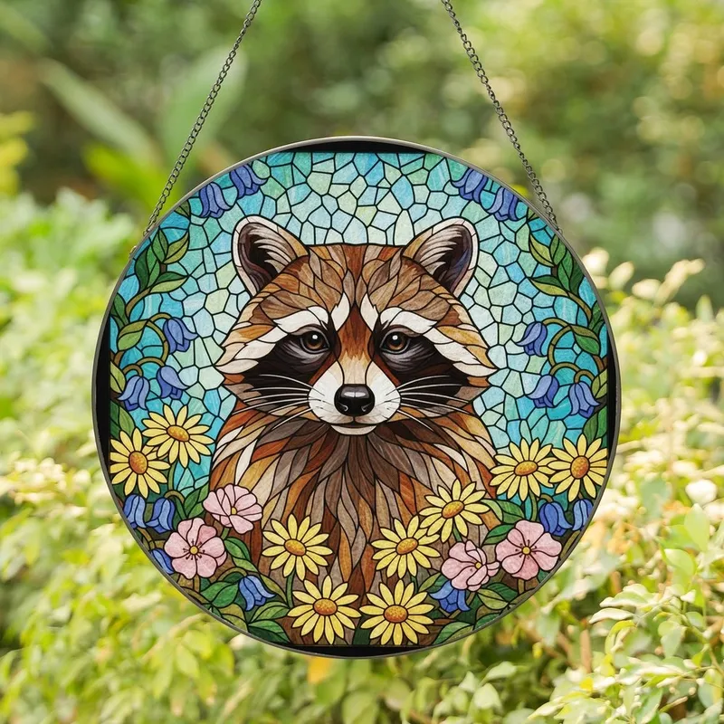 Nature Lovers' Vibrant Tiffany Stained Glass Raccoon Portrait Floral Mosaic Design Stained Glass Suncatcher - 1
