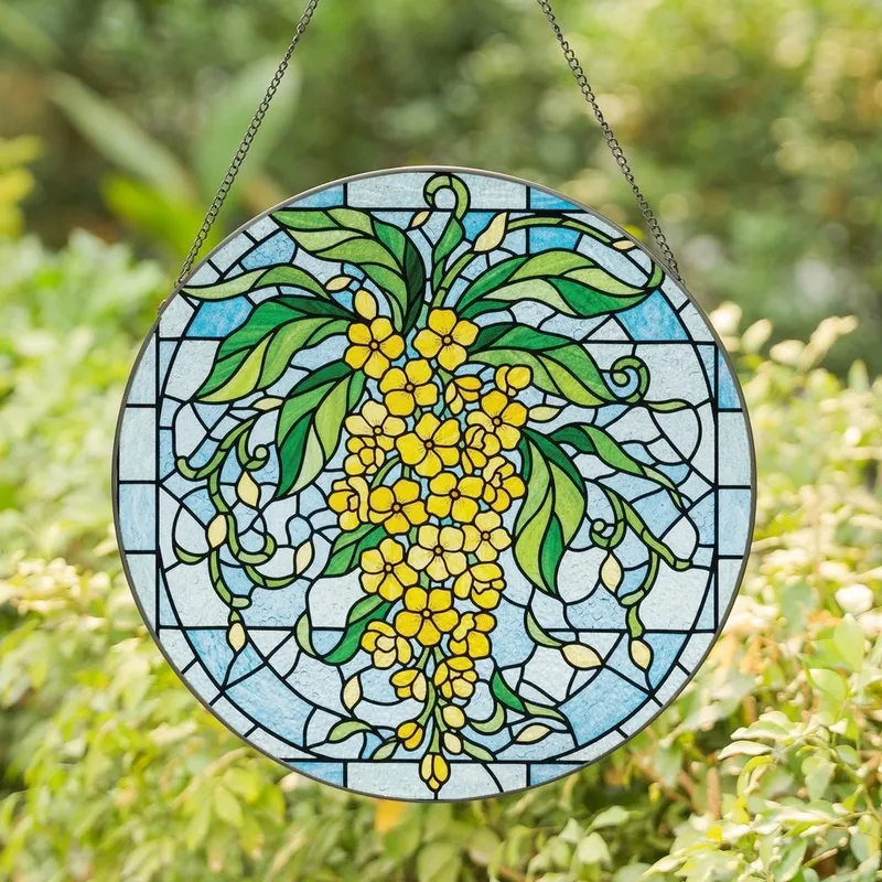 Art Lovers' Tiffany Style Golden Yellow Floral Stained Glass Blue Sky Mosaic Design Stained Glass Suncatcher - 1