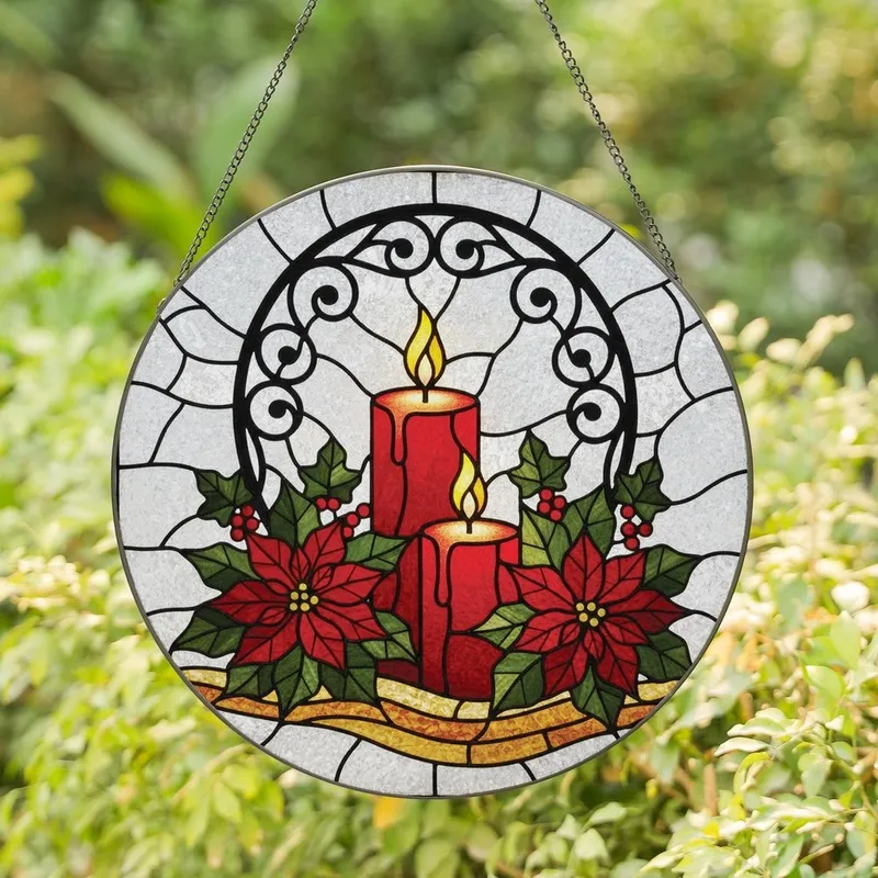 Winter Holiday Fans' Tiffany Style Stained Glass Glowing Red Pillar Candles, Poinsettia, Holly & Berries Mosaic Stained Glass Suncatcher - ee5L4V35Z7